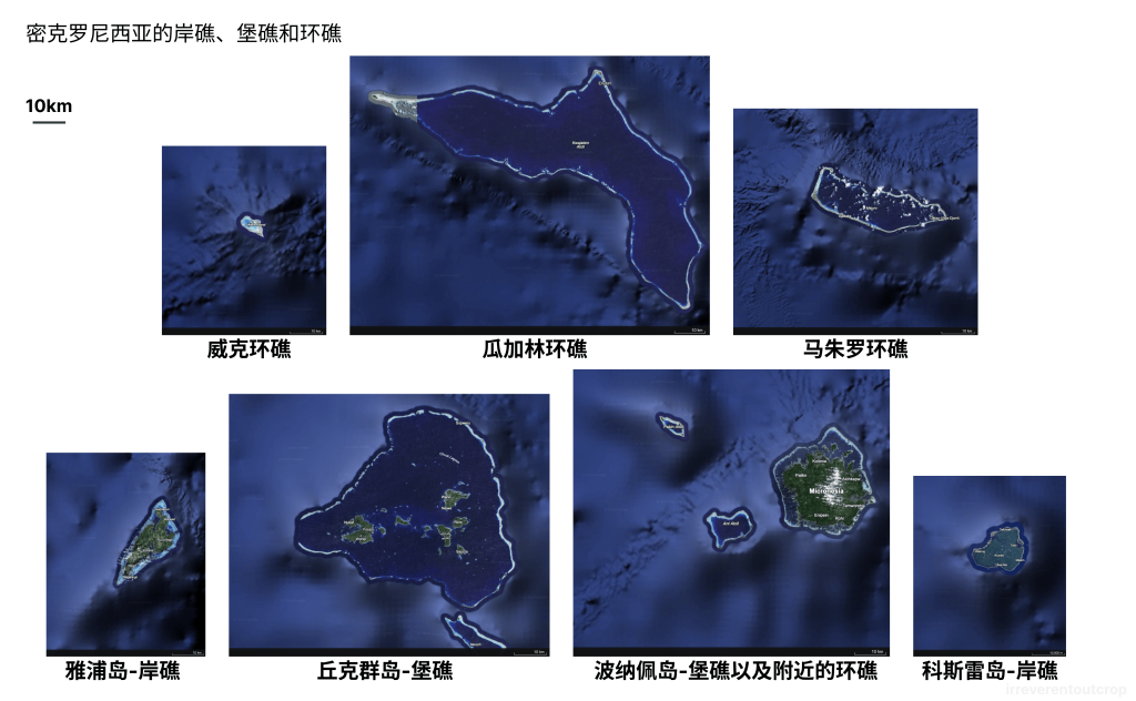 密克罗尼西亚的岸礁、堡礁和环礁的同比例尺卫星图对比